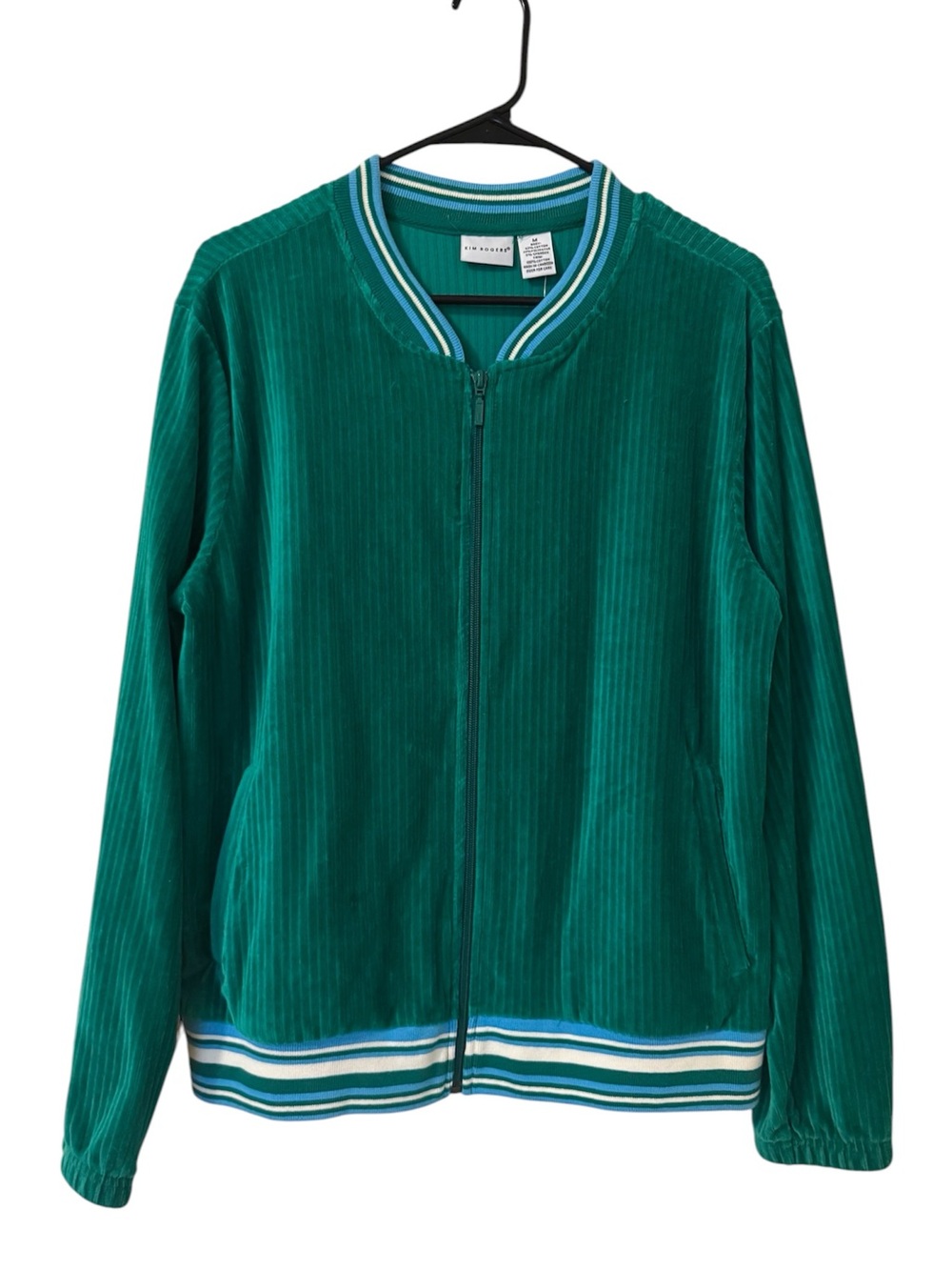 Kim Rogers Emerald Green Velour Track Jacket Striped Ribbed Trim NWT Size M